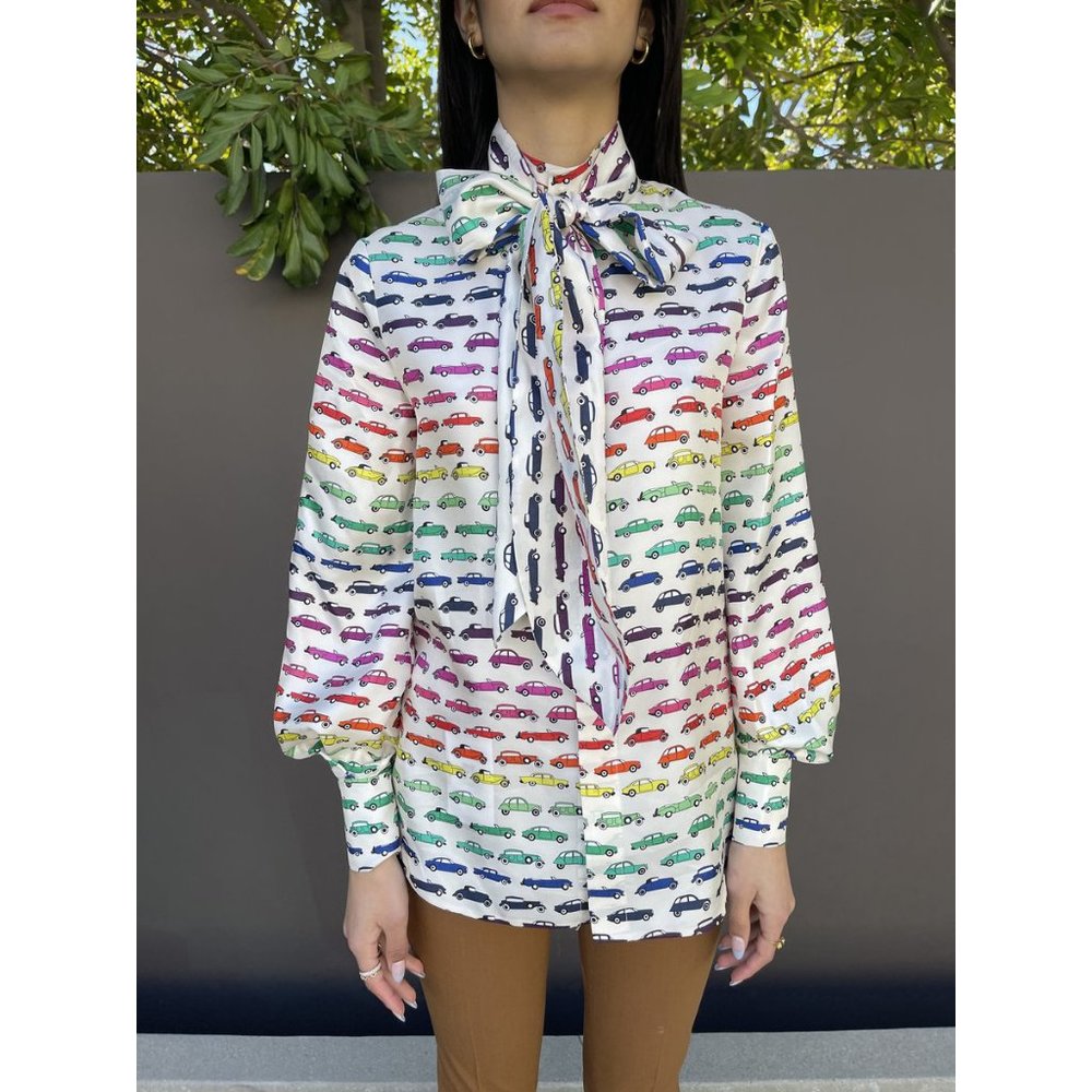 NEW Dice Kayek Rainbow Car Print Silk Blouse Bow